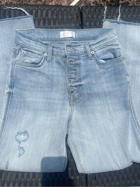 7 For All Mankind Light Blue Straight Leg Button-Fly Jeans with Subtle Distress